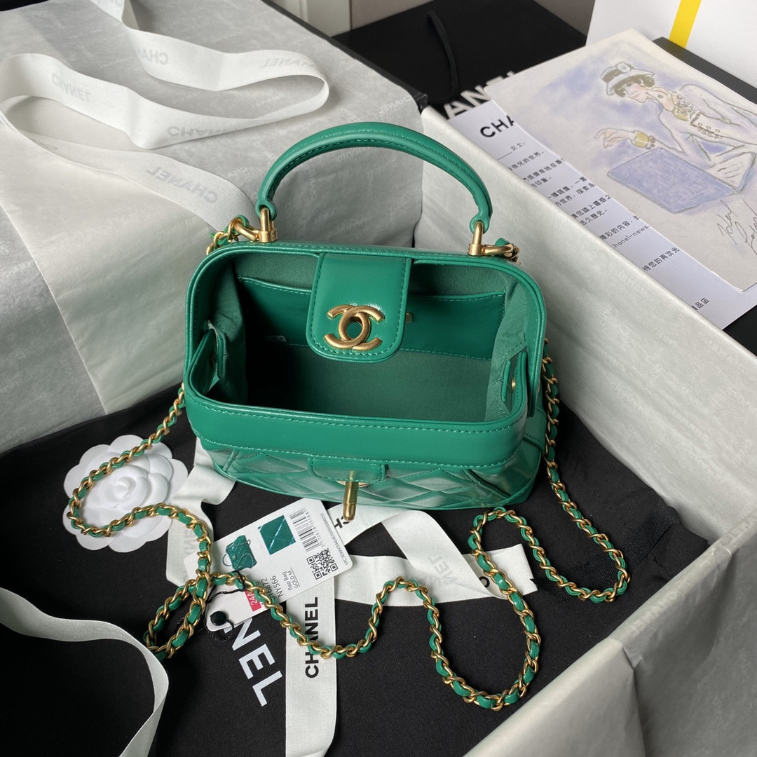Ch*el MINI BAG WITH TOP HANDLE  Shiny Lambskin & Gold-Tone Metal 12 × 18 × 7 cm