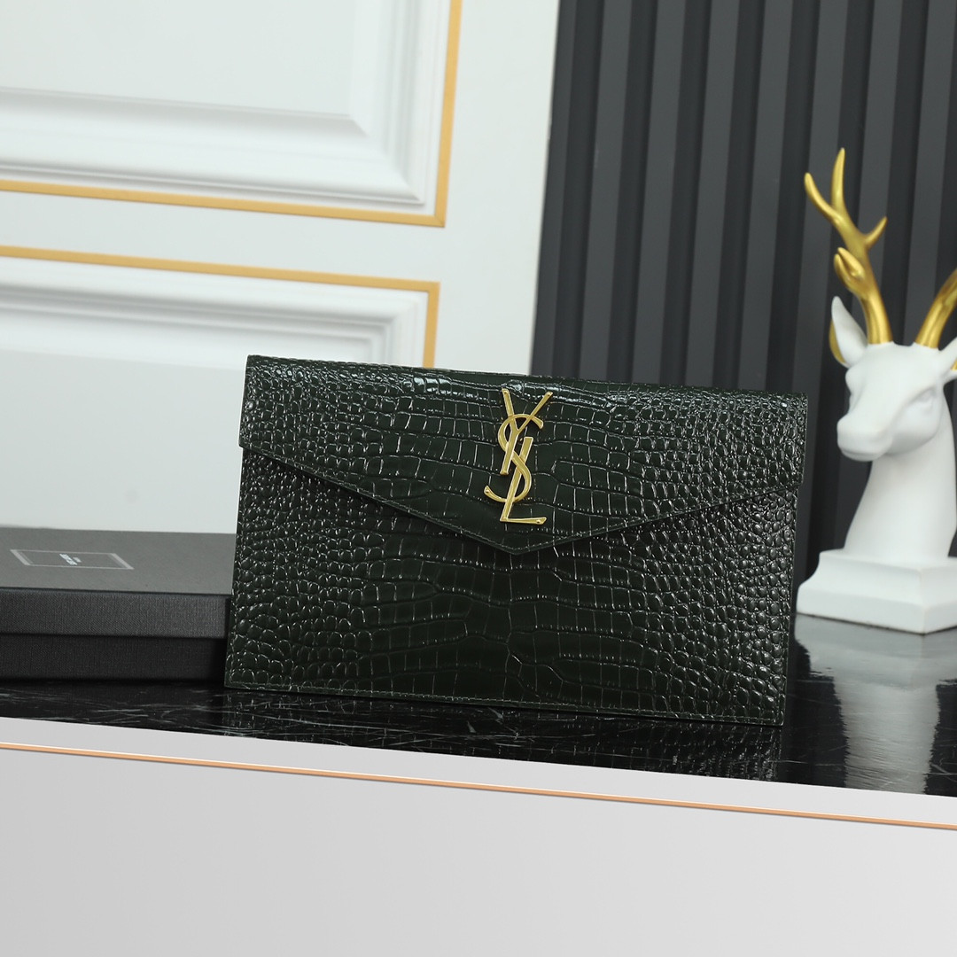 Y*L UPTOWN POUCH IN CROCODILE-EMBOSSED SHINY LEATHER BLACK 10.6 X 6.2 X 0.7 INCHES