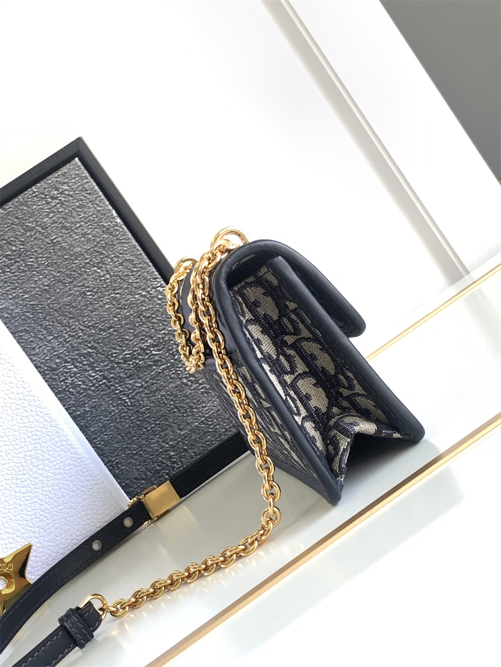 D*or 30 montaigne east-west bag with chain blue D*or oblique jacquard 21 x 12 x 6 cm / 8.5 x 4.5 x 2.5 inches