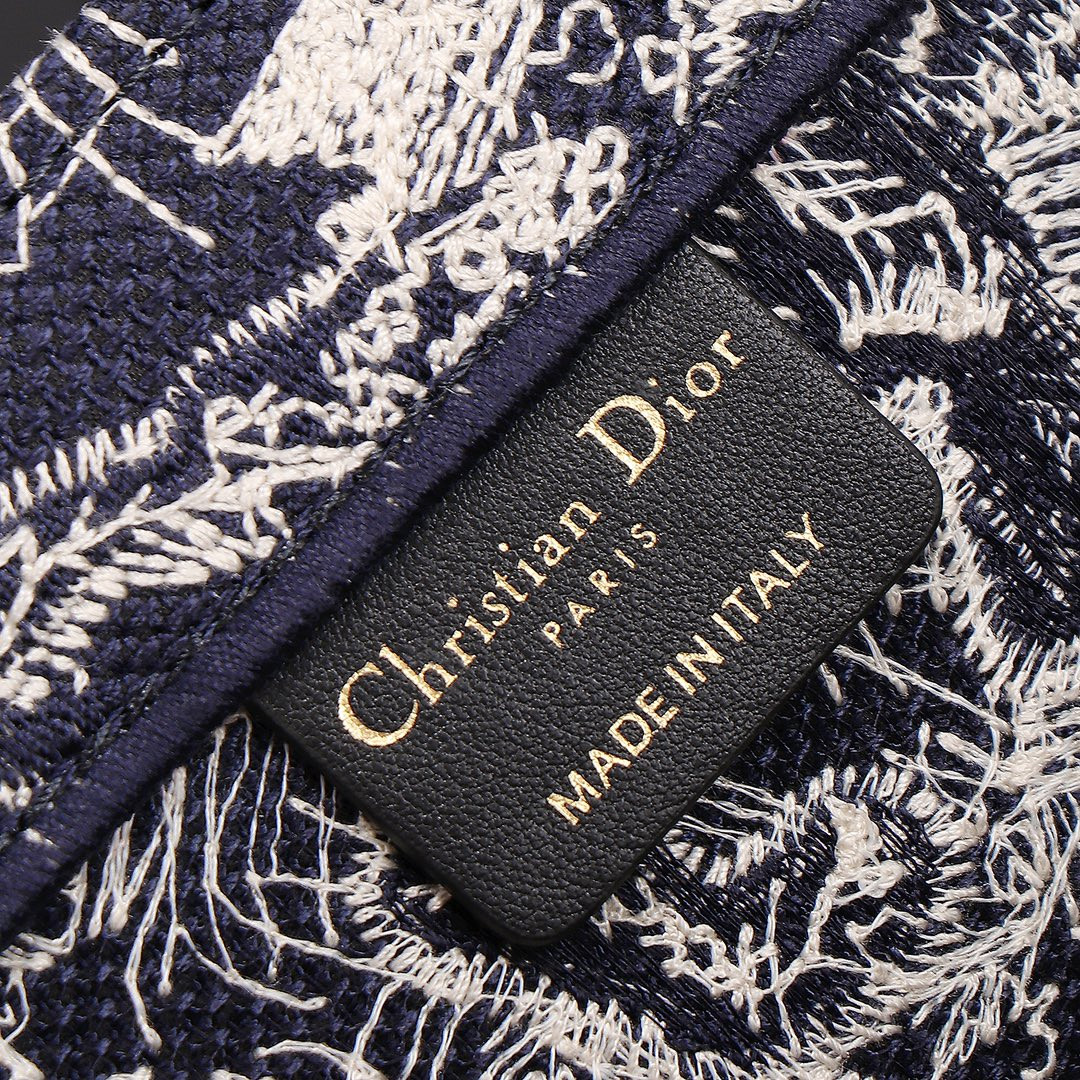 medium D*or book tote  blue and ecru toile de jouy reverse embroidery 14 x 11 x 6.5 inches