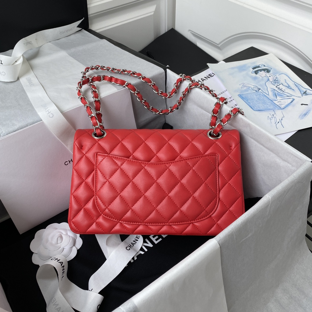 Ch*el SMALL CLASSIC HANDBAG  LAMBSKIN & SILVER-TONE METAL Red 5.7 × 9 × 2.3 IN