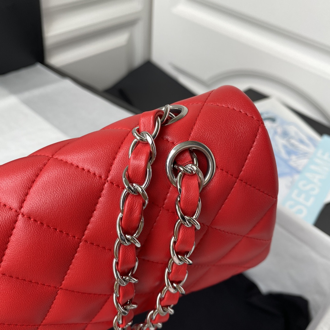 Ch*el SMALL CLASSIC HANDBAG  LAMBSKIN & SILVER-TONE METAL Red 5.7 × 9 × 2.3 IN