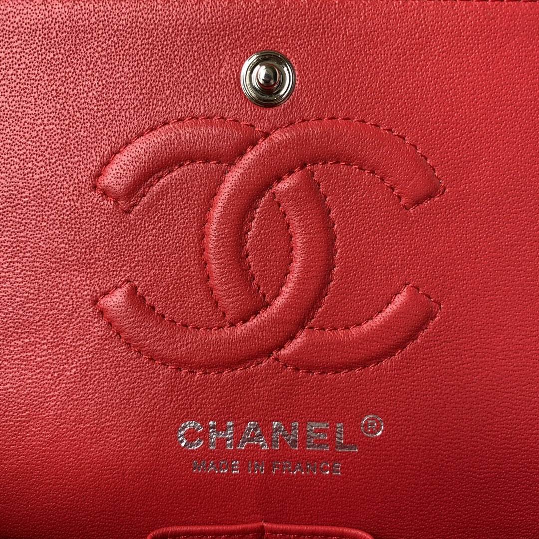Ch*el SMALL CLASSIC HANDBAG  LAMBSKIN & SILVER-TONE METAL Red 5.7 × 9 × 2.3 IN