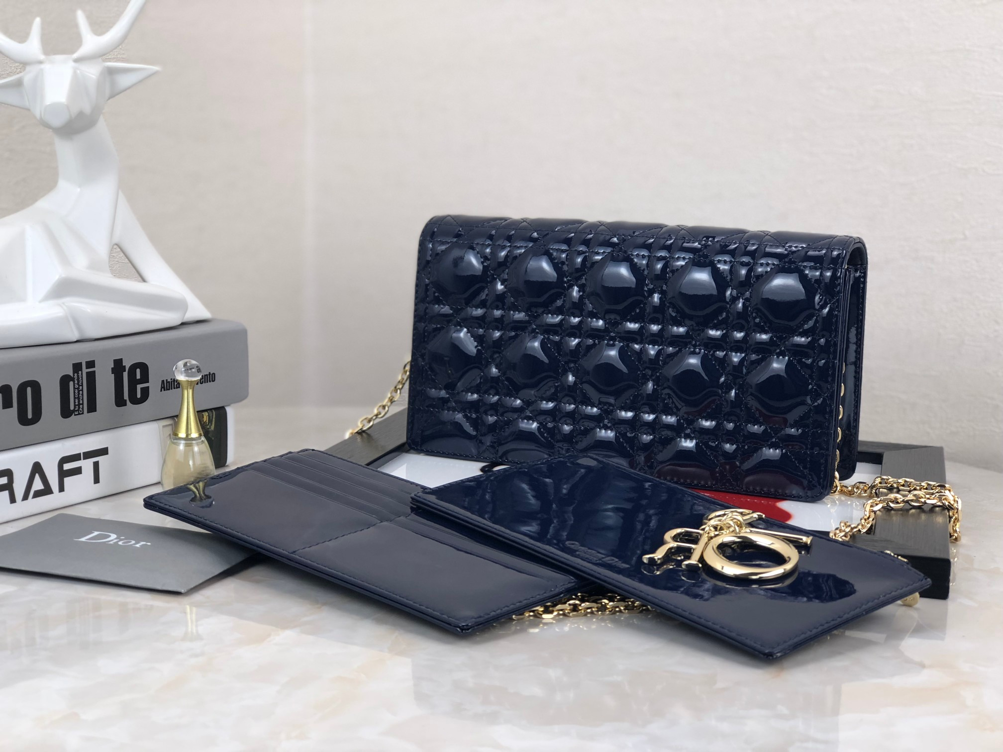 Lady D*0r Pouch  Navy Patent Cannage Calfskin 8.5 x 4.5 x 1 inches