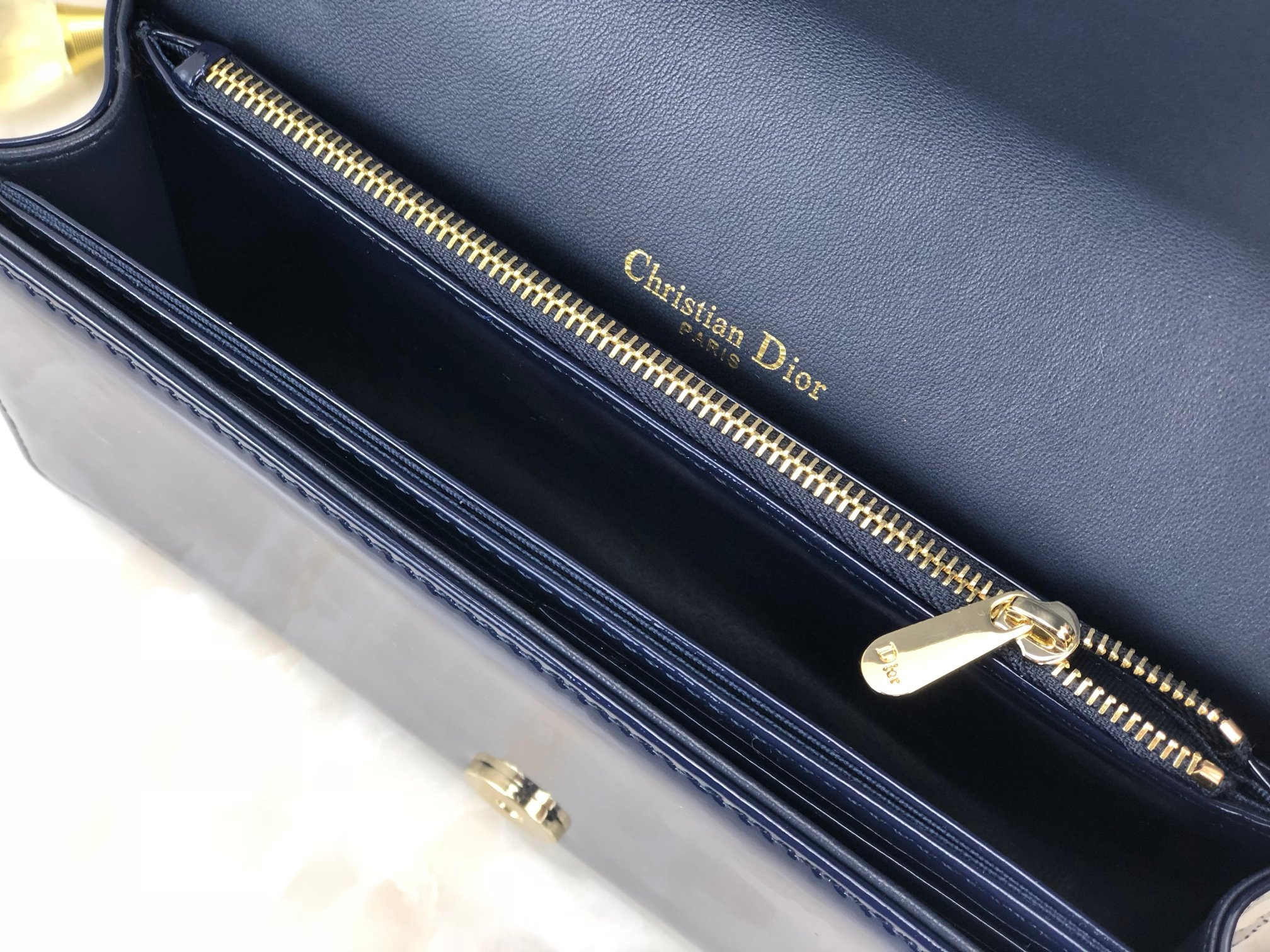 Lady D*0r Pouch  Navy Patent Cannage Calfskin 8.5 x 4.5 x 1 inches