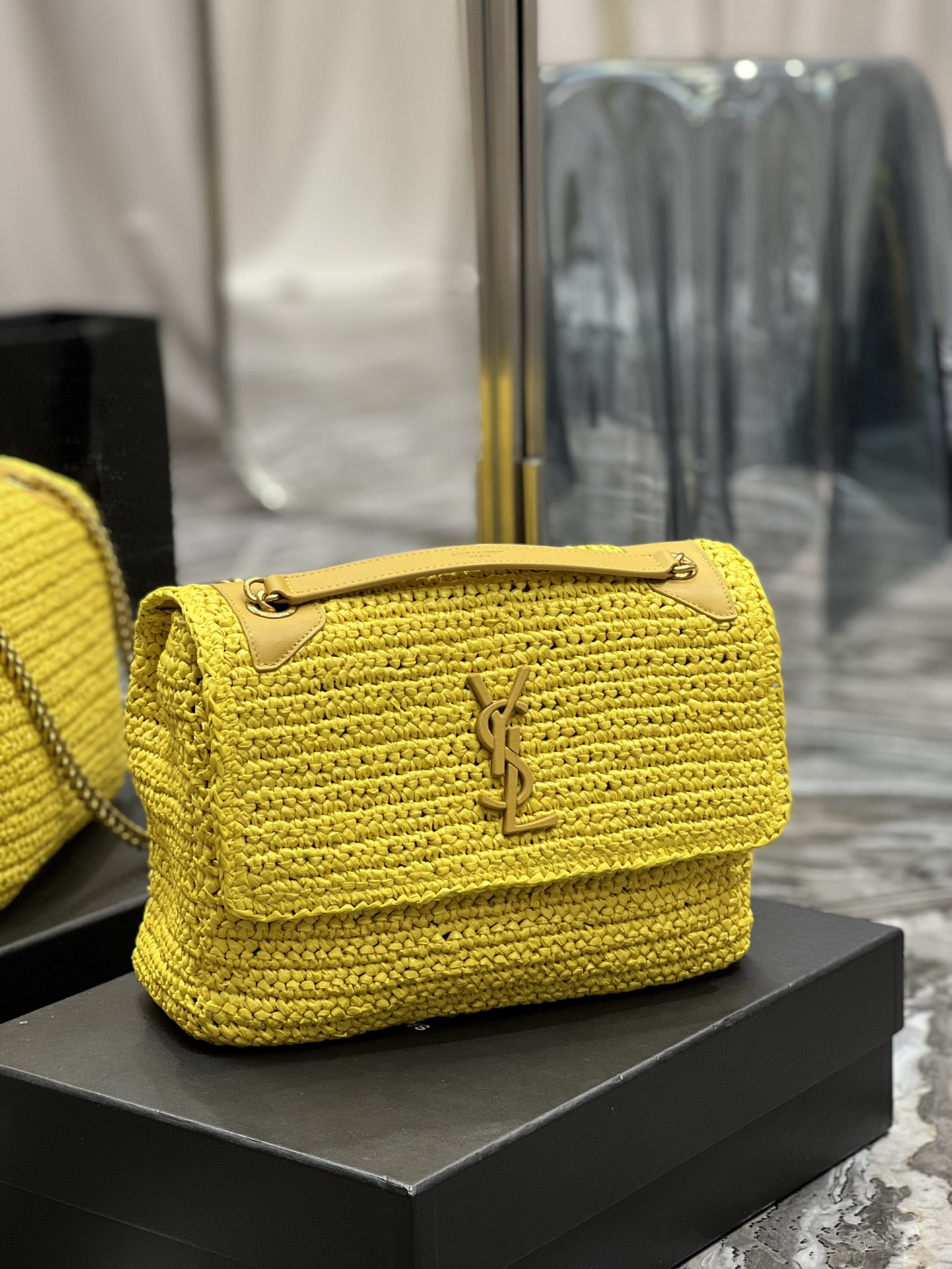 Y*L niki medium chain bag in raffia and leather yellow 11 x 7.8 x 3.3 inches