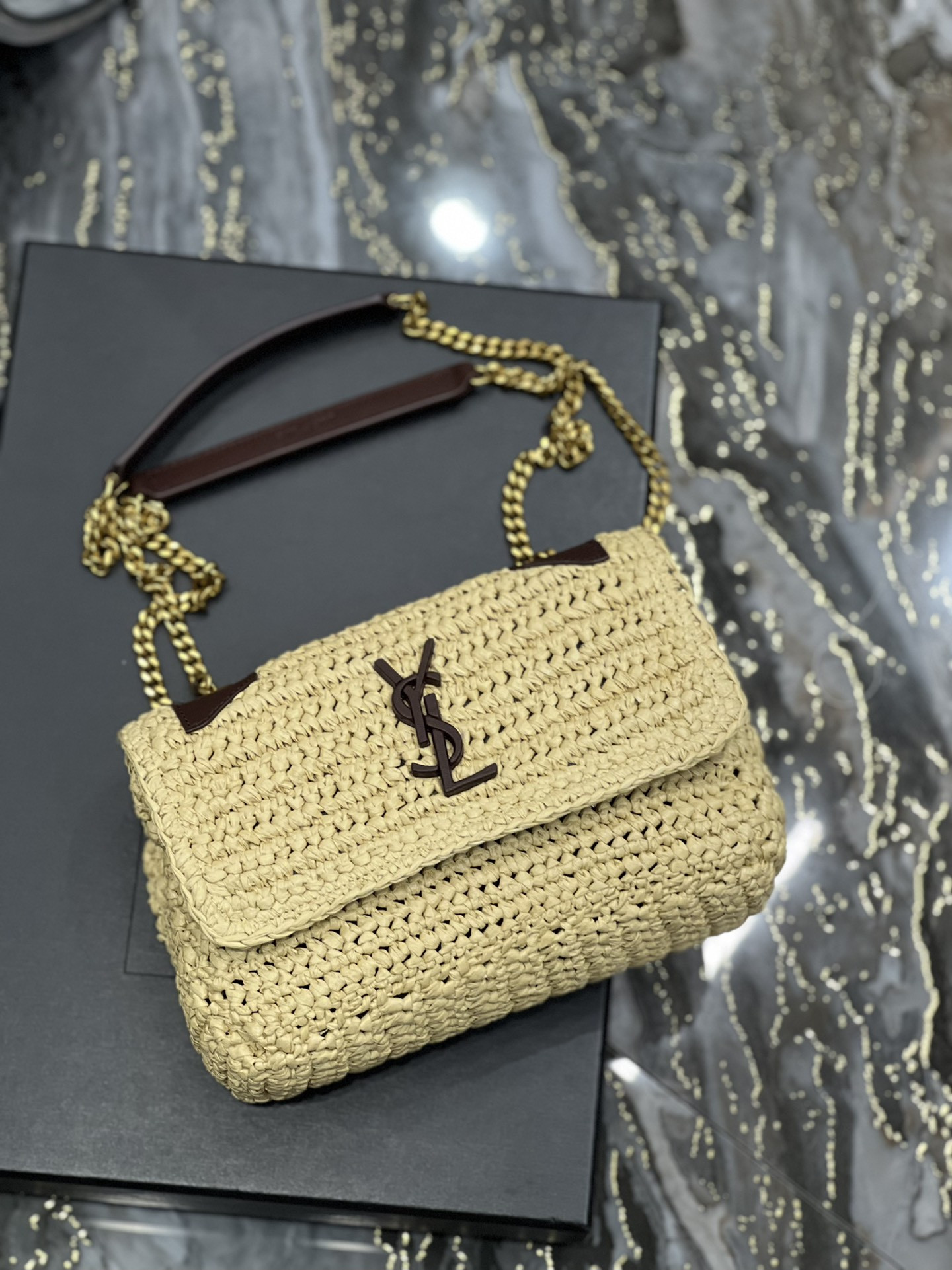 Y*L niki chain bag in raffia and leather beige 22×16.5×12 cm